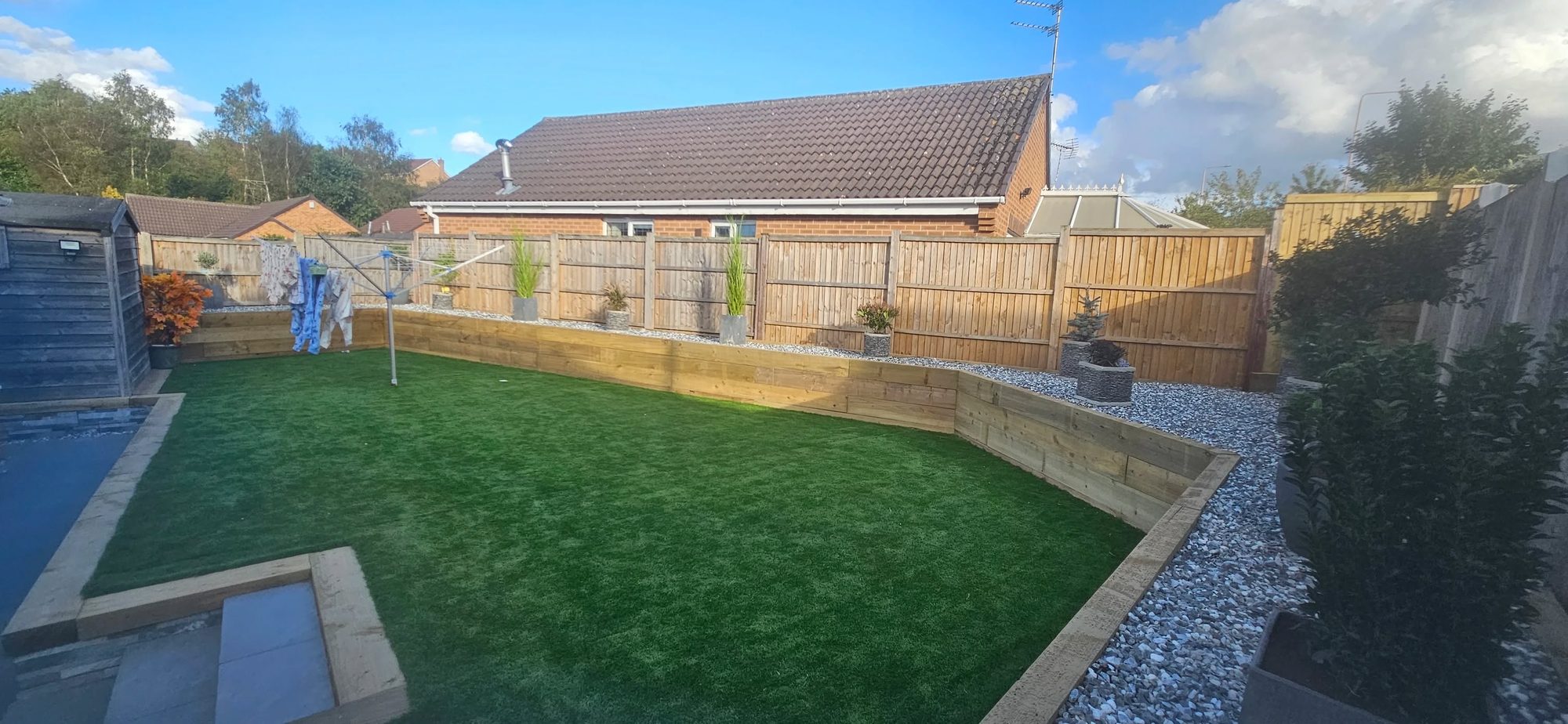Artificial grass lawn with sleeper raised beds